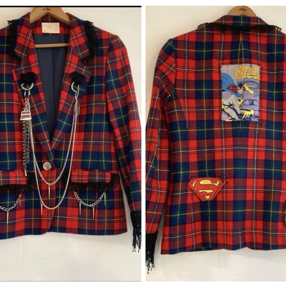 Punk Jacket Blazer Upcycled Boho Whimsigoth Plaid Academia Pendleton Reworked 10 - Picture 2 of 16
